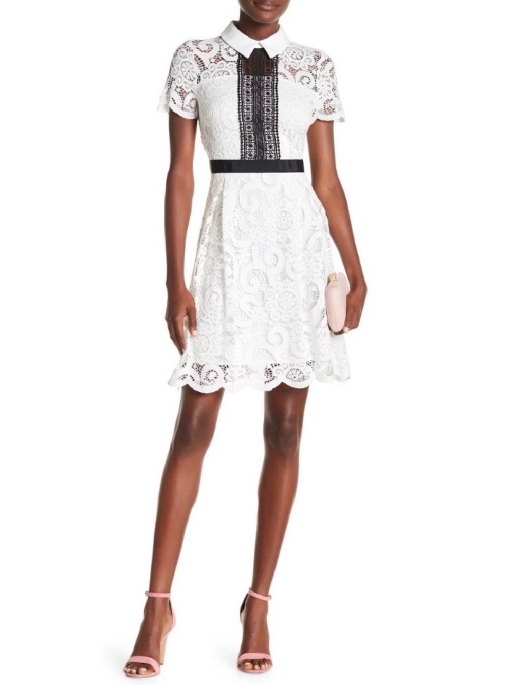 NWT Nanette Lepore White Lace Collared Dress with Black Trim Size 8